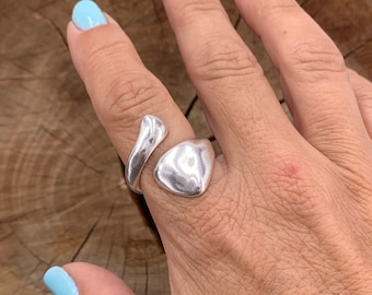 Chunky silver ring, hammered ring, water drop ring, statement silver ring, open band wide ring, oversize ring, uno de 50 style, gift for her