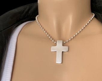 Gothic Kreuz Anhänger Halskette, klobiger Kreuz Anhänger, Silber Kugelkette Halskette, Silber Perlen Halskette, Stil, Silber Kreuz Choker