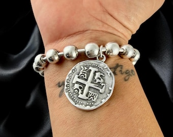 Pulsera de cadena de bolas de plata gruesas con colgante de moneda, pulsera de cadena de bolas llamativas, pulsera de cadena gruesa, pulsera de plata gruesa, regalo
