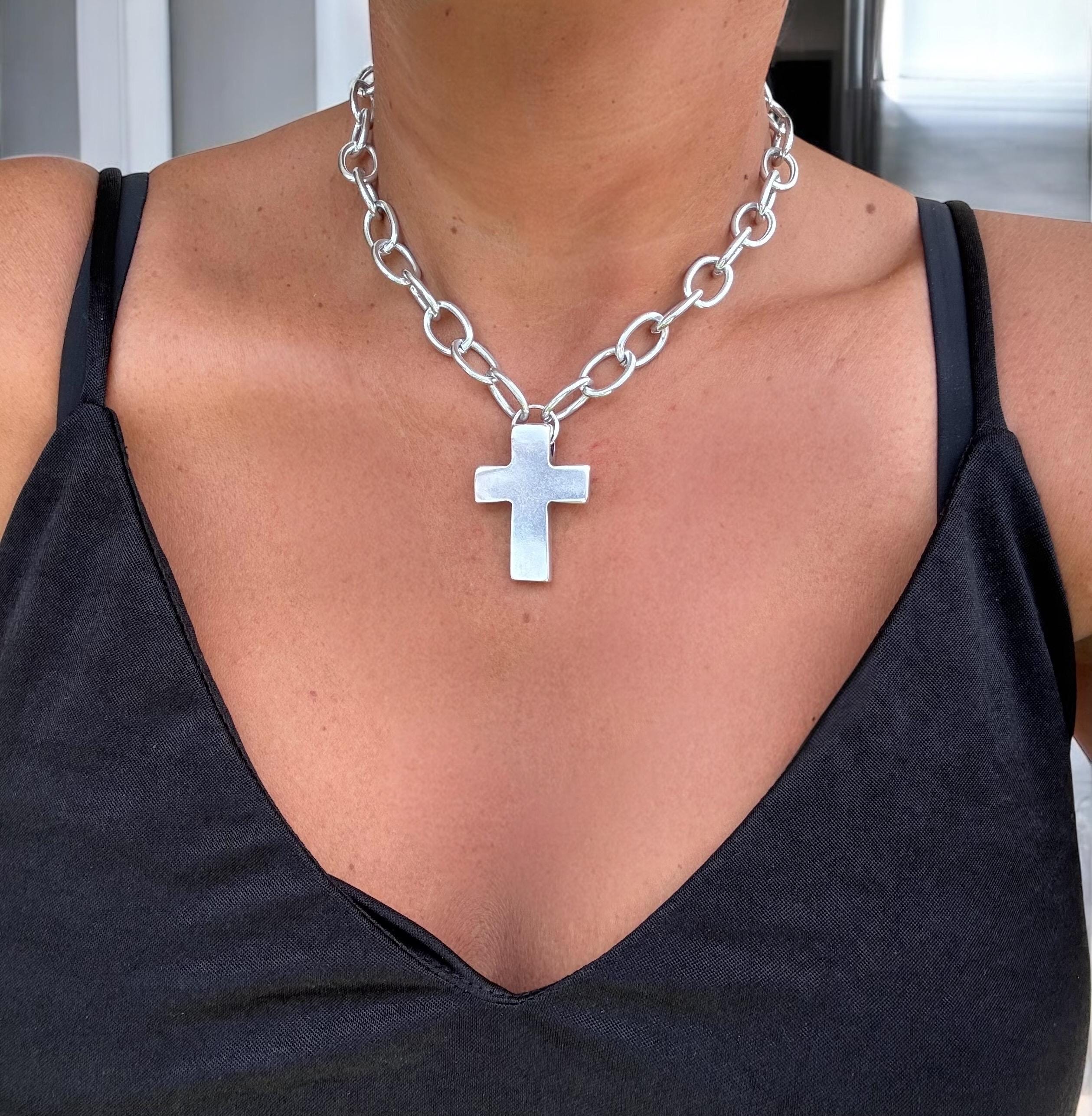 Chunky Aluminum Chain Necklace With Bulky Cross Pendant, Statement