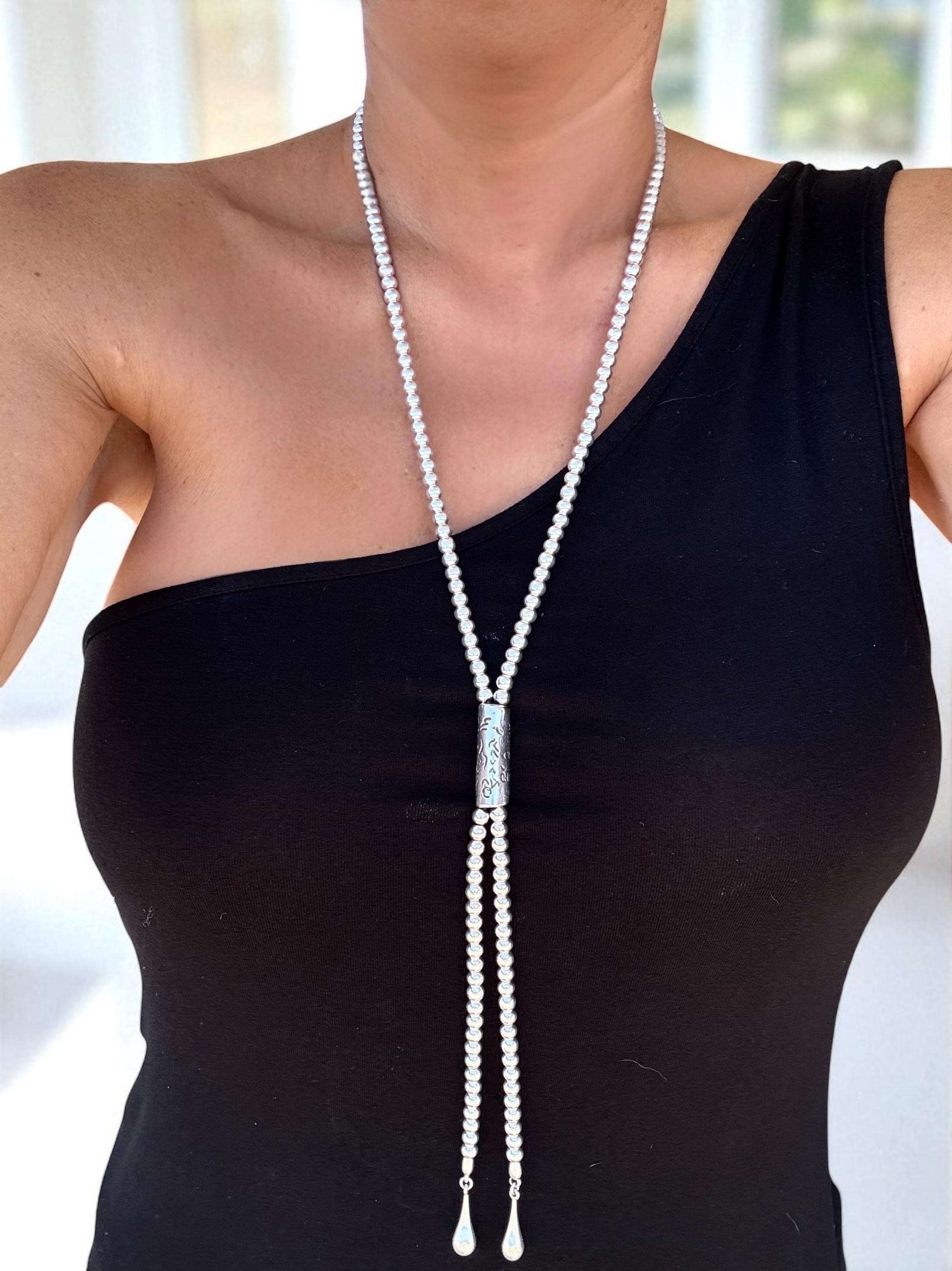 Bold Silver Beaded Lariat Necklace – Extra Long Statement Jewelry