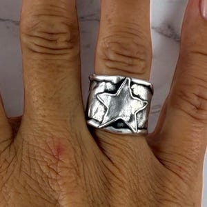 Chunky silver star ring – handmade statement band of with textured sculptural finish, wide matte silver open ring,  style