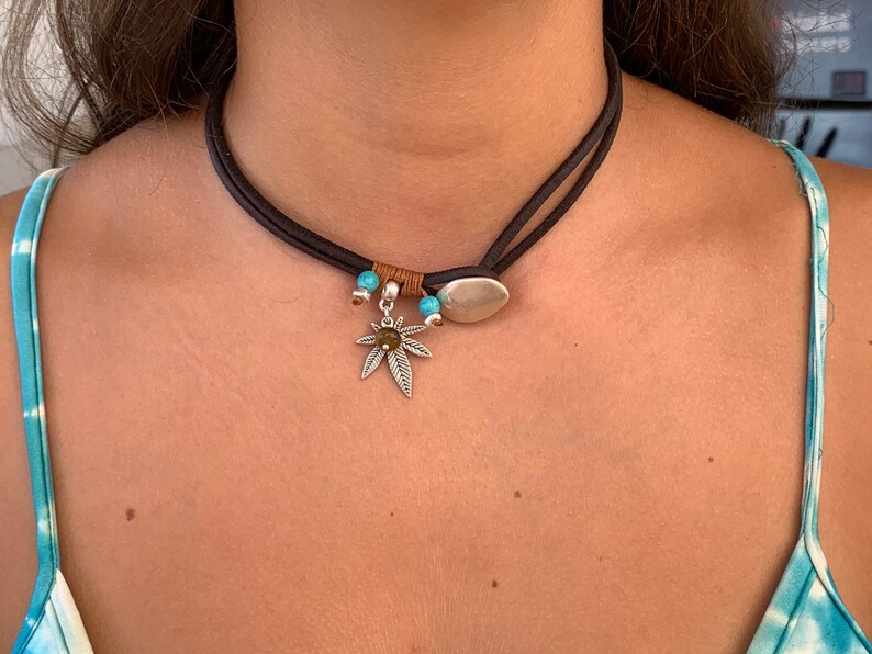 choker for women bohemian choker leaf choker Leather necklace wrap choker, marijuana leaf boho leather choker leather choker