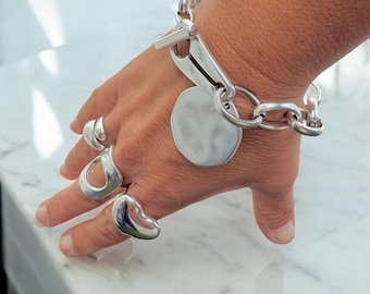 Chunky Silver Chain Bracelet for Women – Large Link Design with Toggle Clasp and Disc Charm – Handmade Statement Jewelry,