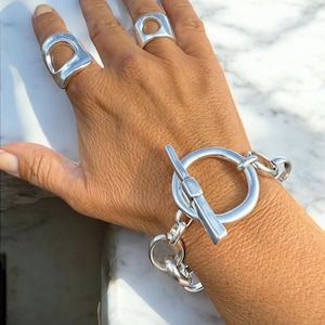 Dikke zilveren armband, schakelarmband, dikke schakelarmband, gedurfde armband, stevige schakelarmband, zwaargewicht armband, uno de 50-stijl