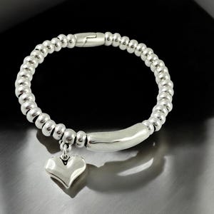 Chunky silver beaded bracelet with central tube charm and heart pendant, Heart pendant silver chunky bracelet, special gift for women