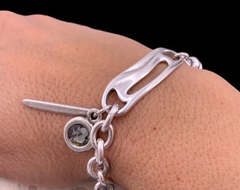Chunky silver plated bracelet with Swarovski crystal charm, bold jewelry