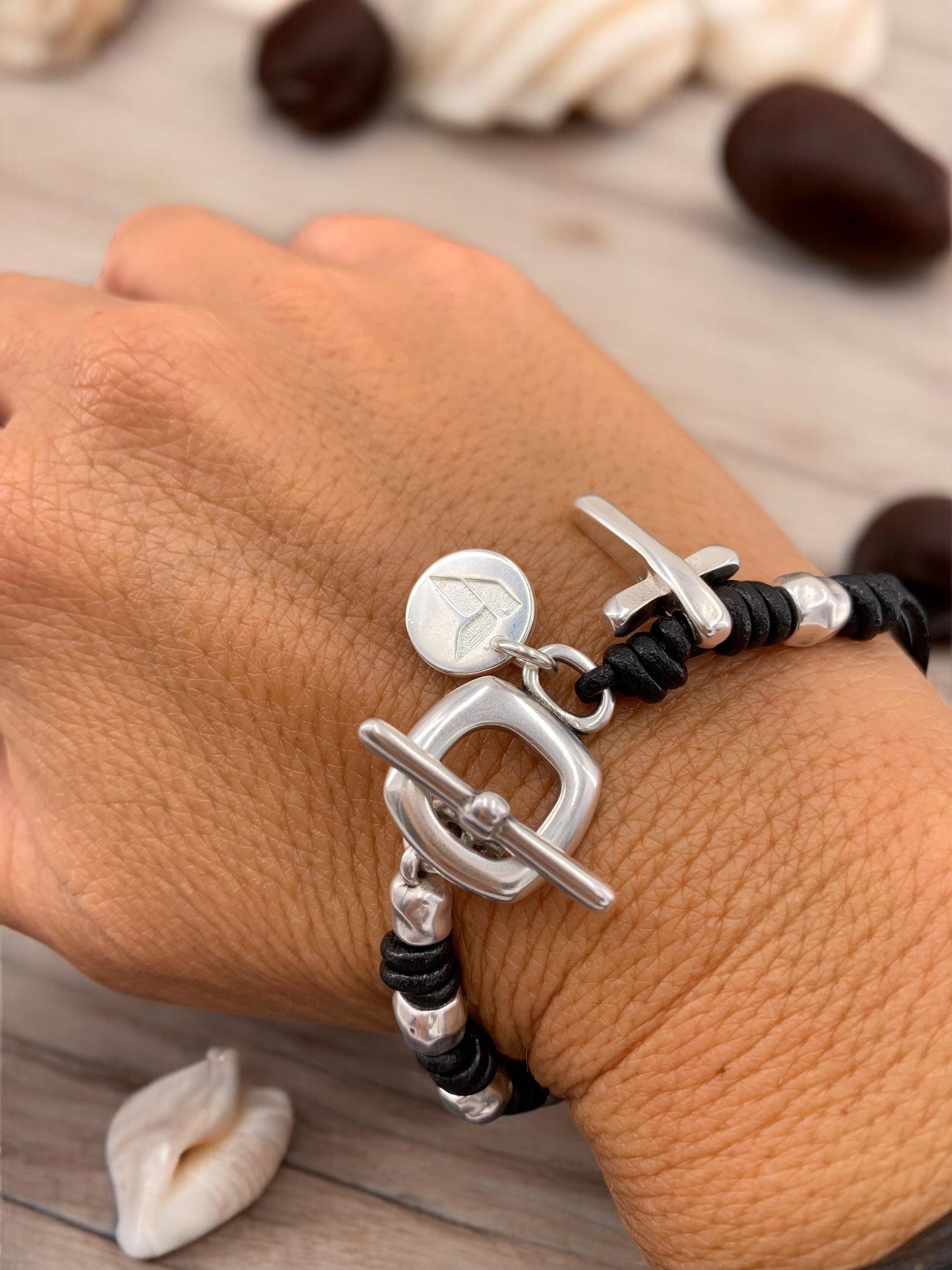 Cross Charm Toggle Clasp Silver Beaded Leather Bracelet for Women