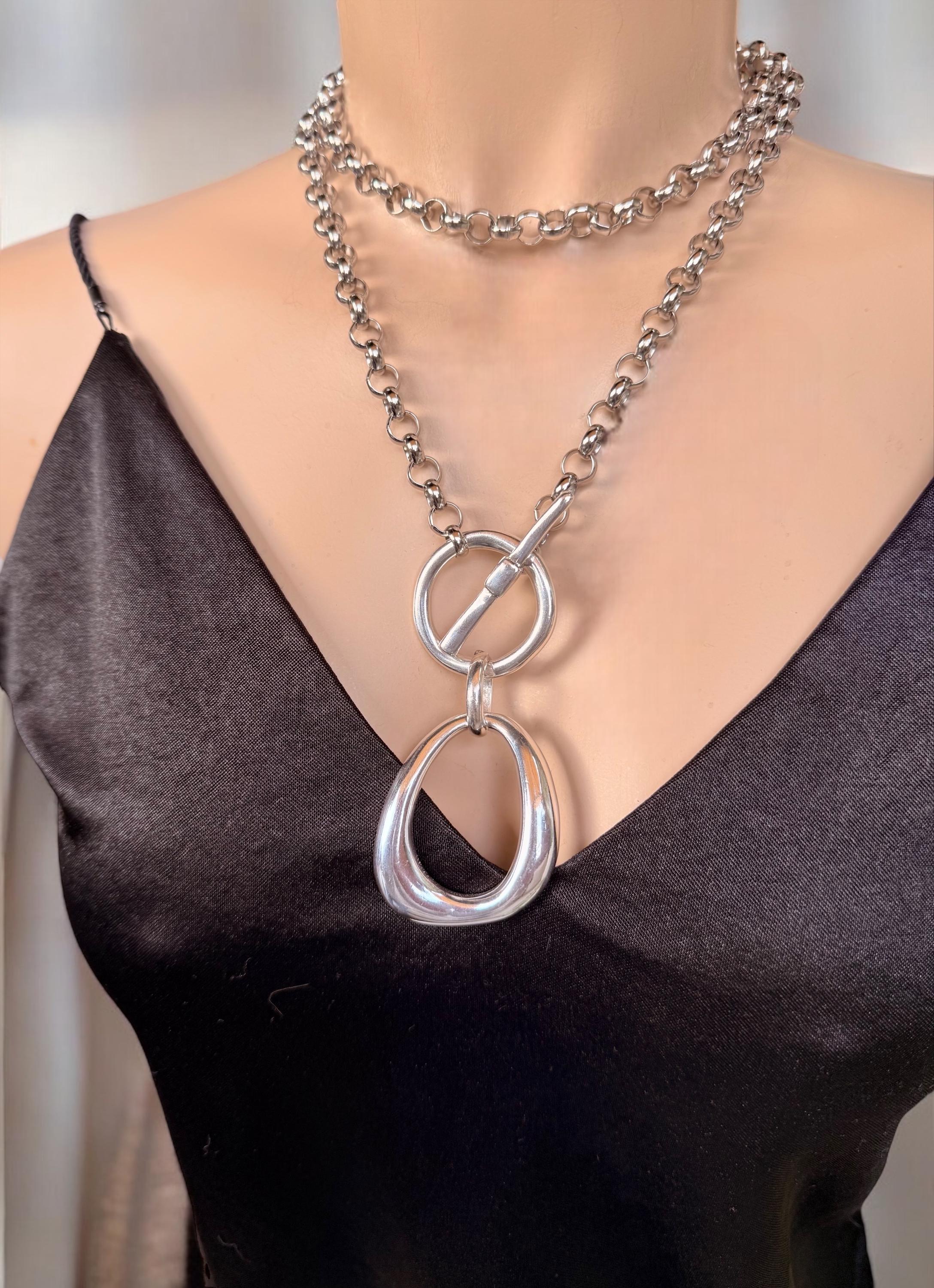 Layered Toggle Clasp Statement Pendant Necklace, Large O Double