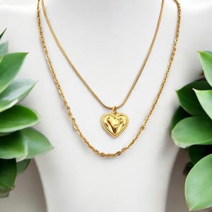 Double strand hammered heart pendant necklace, gold layering necklace, double layer gold chain necklace, bohemian necklace, gift for women