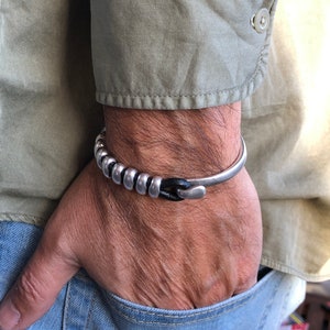 leather bracelet for men, silver half cuff bracelet, silver beads bracelet, surf bracelet, rock bracelet, , industrial