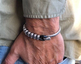 Men’s Leather Bracelet – Silver Bead Cuff – Rock & Surf Style – Industrial Unisex Jewelry – Handmade in Spain - ideal gift for him and her
