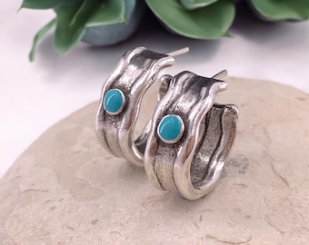 chunky silver hammered hoops earrings, bohemian bold jewelry