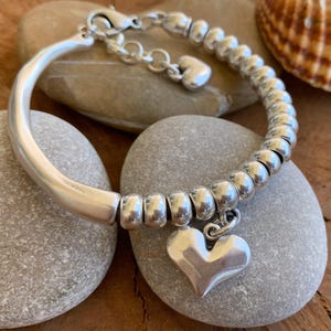 Heart pendant bracelet, silver cuff bracelet, beaded bracelet, bohemian bracelet, chunky silver bracelet, statement silver bracelet, gift
