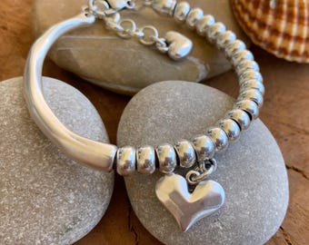 Heart pendant bracelet, silver cuff bracelet, beaded bracelet, bohemian bracelet, chunky silver bracelet, statement silver bracelet, gift