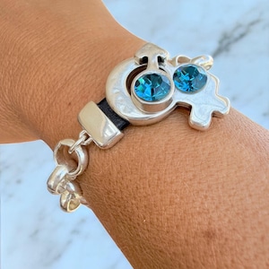 Chunky Silver Rolo Chain Bracelet with Swarovski Crystals – Feminine & Masculine Symbol Toggle Clasp – Customizable Kukuri Jewelry Design