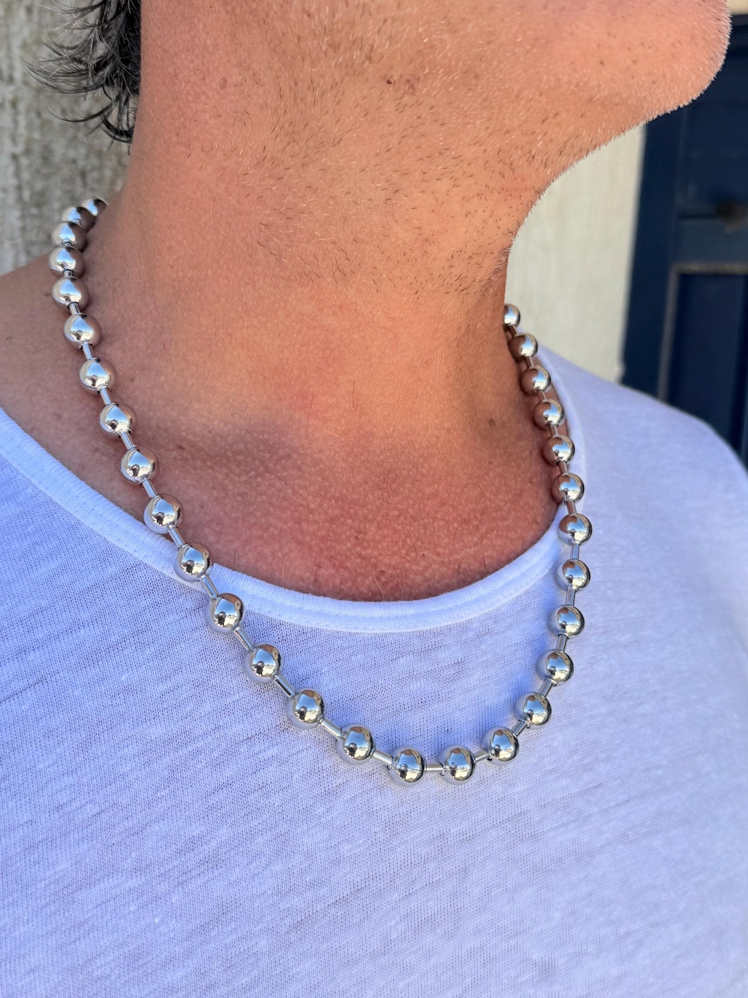 Men's Ball Chain Necklace – 10 Mm Black Silver Stainless Steel