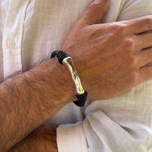 leather bracelet for men, silver masculine bracelet, bohemian bracelet, hippie bracelet, men gift, chunky silver tube leather bracelet,