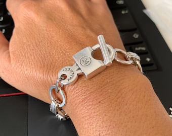 Silver plated chunky round chain padlok toggle clasp bracelet, bold cuff, handmade