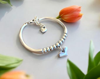 Artisian double half-cuff chunky silver bracelet with beads and heart charms