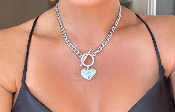ハートシェイプPendant チェーン付き Silver925 Chunky Silver Chain Necklace With Toggle Clasp and Heart Pendant