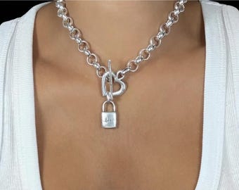 Chunky Silver love Padlock Necklace,  Bold Industrial Romance Jewelry, love padlock