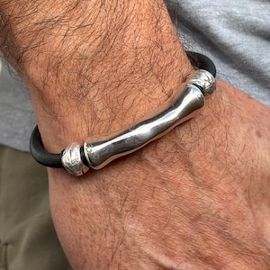 leather bracelet for men, silver masculine bracelet, bohemian bracelet, hippie bracelet, men gift, chunky silver tube leather bracelet,