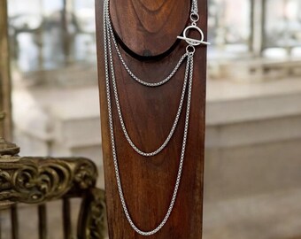 long antique silver chunky chain layering necklace, Layering silver necklace with toggle clasp, chunky chain necklace, multi strand necklace