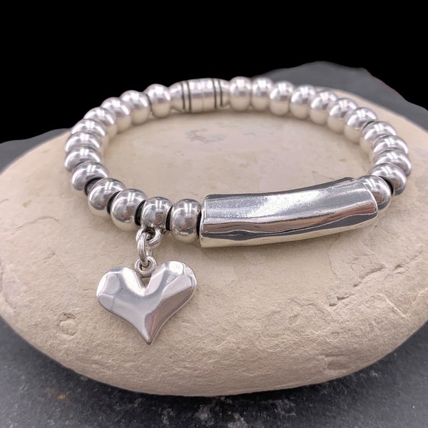 Chunky silver beaded bracelet with central tube charm and heart pendant, Heart pendant silver chunky bracelet, special gift for women