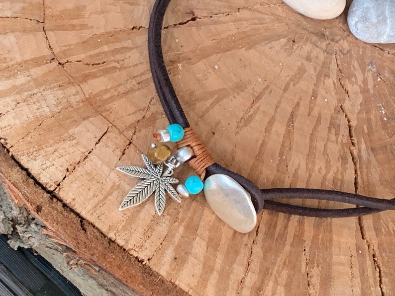 choker for women bohemian choker leaf choker Leather necklace wrap choker, marijuana leaf boho leather choker leather choker