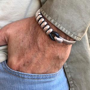 Leather bracelet for men, silver half cuff bracelet, silver beads bracelet, surf bracelet, rock bracelet, , industrial