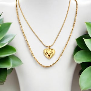 Double strand hammered heart pendant necklace, gold layering necklace, double layer gold chain necklace, bohemian necklace, gift for women