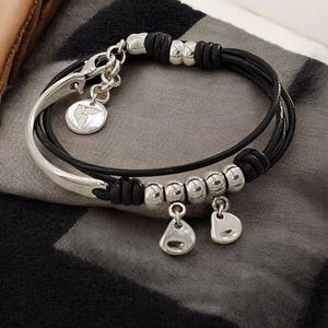 Boho Double-Wrap Leather Bracelet – Silver-Plated Half Cuff & Charms – Handmade Uno de 50 Style Jewelry - gift for her - layering design