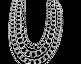 Chunky multi layer chain necklace, layering silver vintage necklace, multi strand chain necklace, statement necklace, extravagant necklace