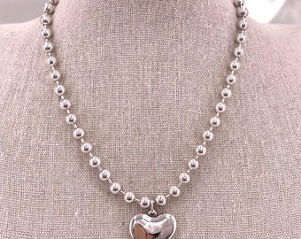 Chunky Balls Silver Chain Necklace With Heart Pendant, Thick