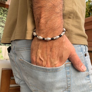 Men silver beaded leather bracelet for a masculine style, bohemian men bracelet, gift for boyfriend and brother, unique birthday present