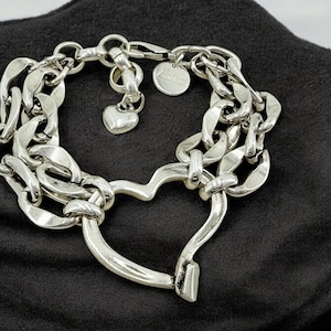 Bracelet double chaîne standard en argent massif en forme de coeur, bracelet à maillons audacieux, bracelet chaîne lourde, bracelet épais, style uno de 50,