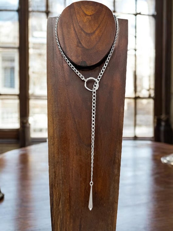 Silver Antique Adjustable Chain Y Necklace, Chunky Chain Silver