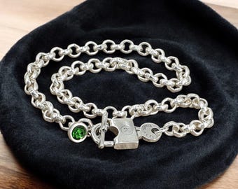 Chunky silver Chain Necklace with Bold Padlock Toggle Clasp with Swarovski crystal Charm