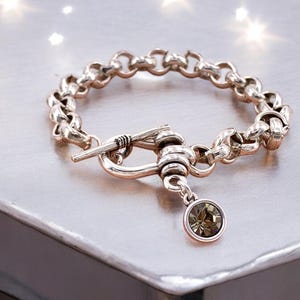 Può includere: Un braccialetto a catena d'argento con chiusura a leva e un piccolo ciondolo di cristallo marrone scuro.