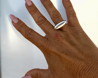 Chunky silver plated oval dome ring, bold rock style jewelry