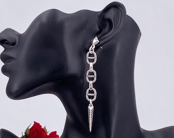 Very long chunky chain earrings with spike pendant, dangling earrings, silver chain earrings, punk earrings, , unique earring