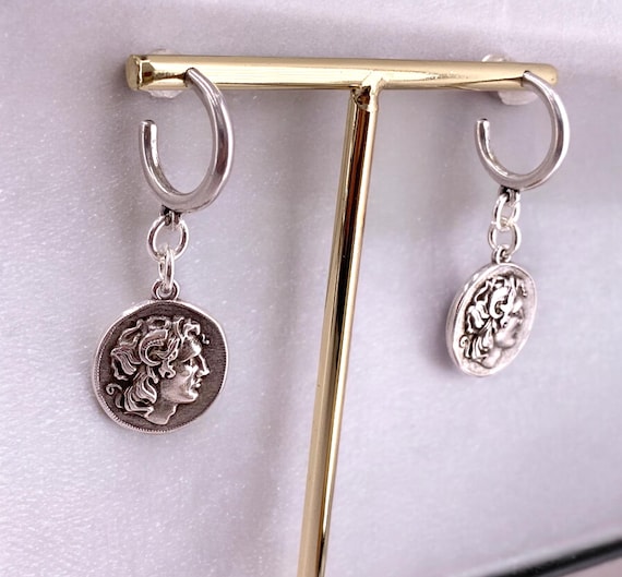 Huggie Hoop Dangle Coins Silver Earrings, Dropped Silver Coins