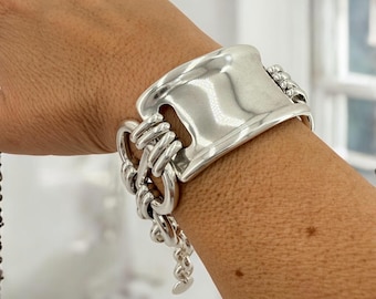 Chunky silbernes Armband, Manschettenarmband, silbernes mutiges Armband, silbernes Kettenarmband, dickes Gliederarmband, Uno de 50-Stil, Statement-Armband