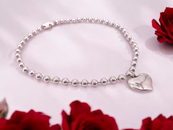 Chunky Balls Silver Chain Necklace With Heart Pendant, Thick