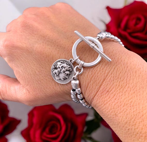 Chunky Silver Beaded Bracelet With Toggle Clasp and Greek Coin
