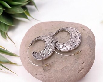 Silver antique moon earrings, Silver spiral earrings, statement earrings, ethnic earrings, big moon engraved earrings, mandala earring