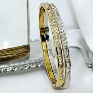 Vintage-Inspired Stainless Steel Bangle with Zirconia – Silver or Gold Rigid Cuff Bracelet – Boho Gift for Women - gift for women -