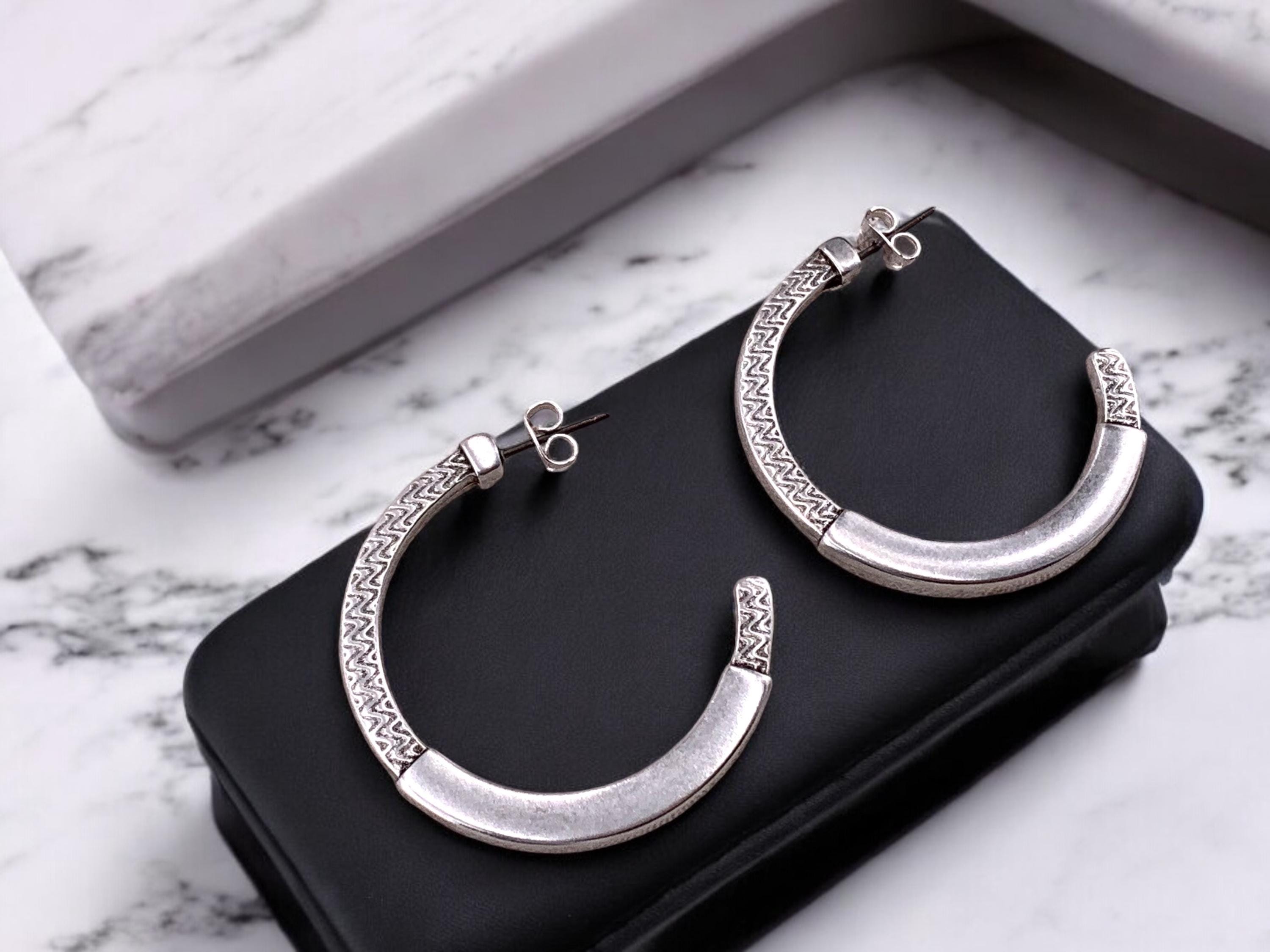 Oversized Chunky Silver Hoops, Big Size Engraved Earrings