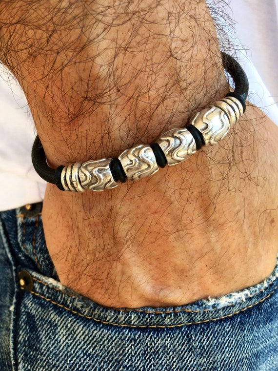 Mens leather bracelet etsy deals
